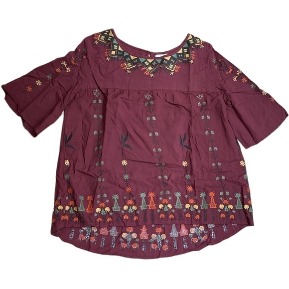 Hagel Embroidered Boho Peasant Top Burgundy Red Size XS - Picture 1 of 6